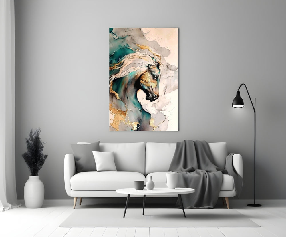 Teal-and-gold horse cinematic glass wall art over walnut console in designer office