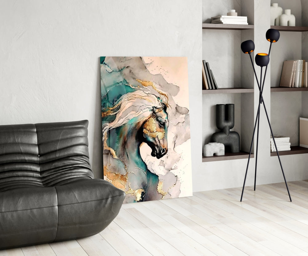 Equine-luxury cinematic glass wall art over master-bedroom headboard