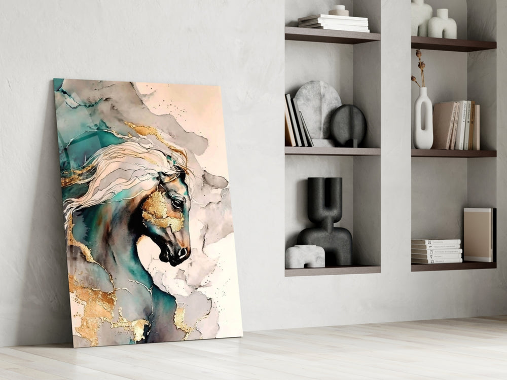 Marble horse-portrait cinematic glass wall art in country-house library