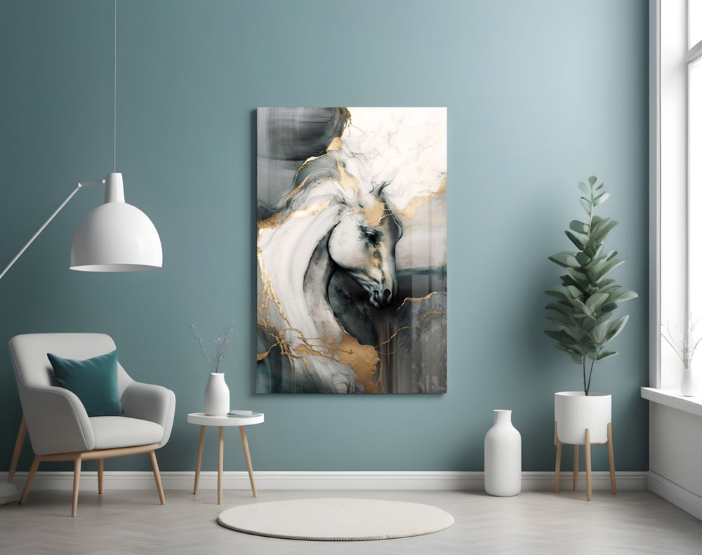 Painterly white horse cinematic glass wall art in heritage hallway