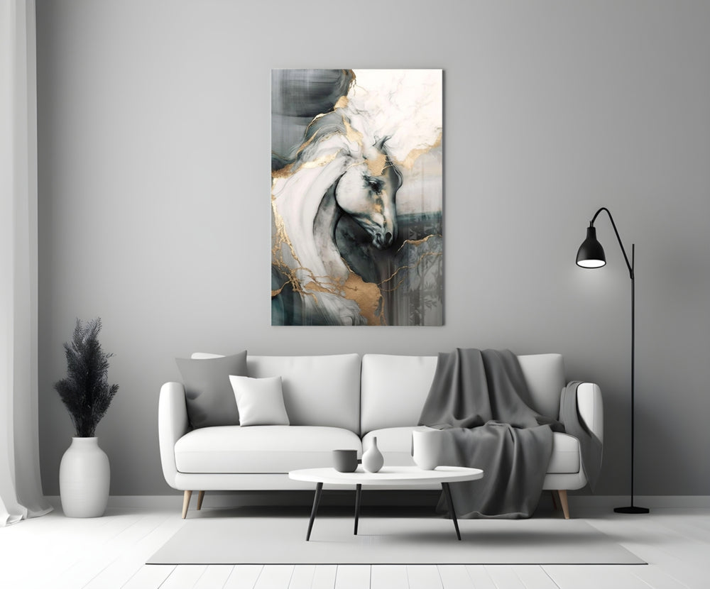 Ivory-and-gold horse cinematic glass wall art over walnut console in designer office
