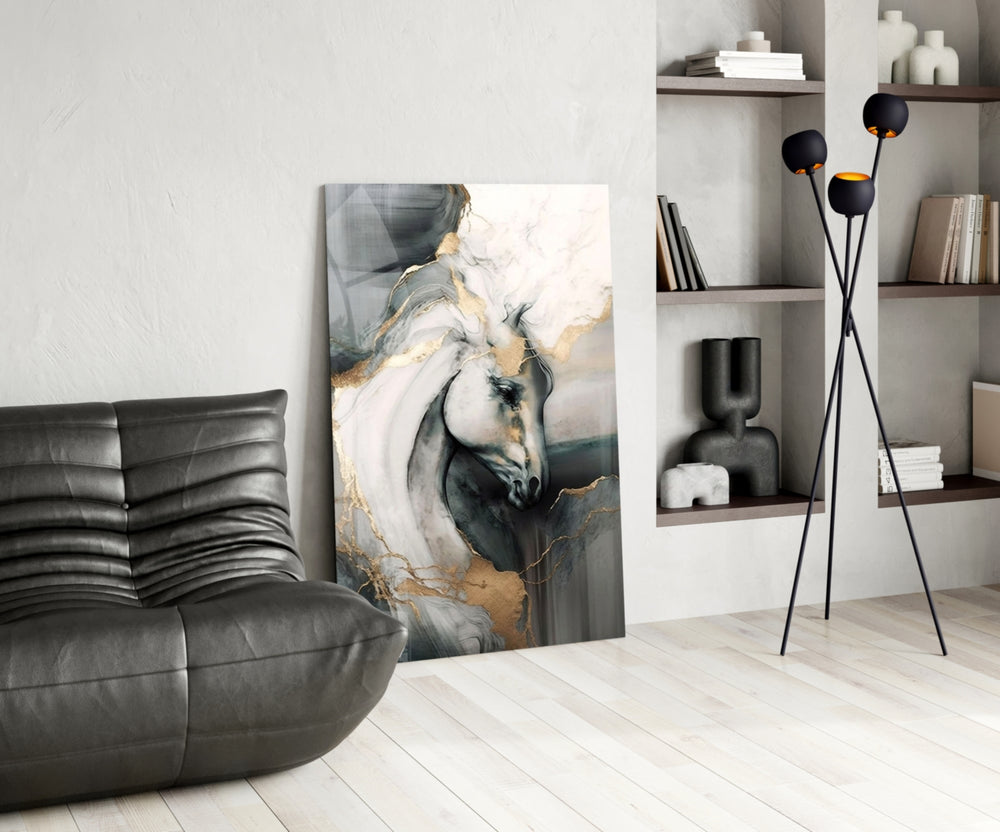 Equine-luxury cinematic glass wall art over master-bedroom headboard