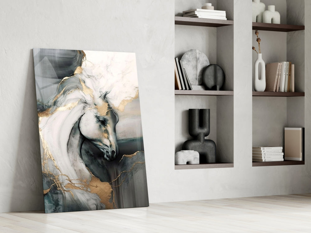 Marble horse-portrait cinematic glass wall art in country-house library