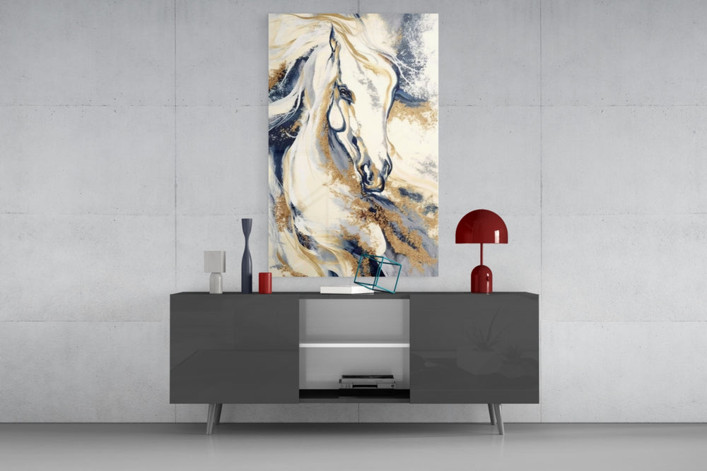 Fluid-art horse cinematic glass wall art in fashion-atelier reception