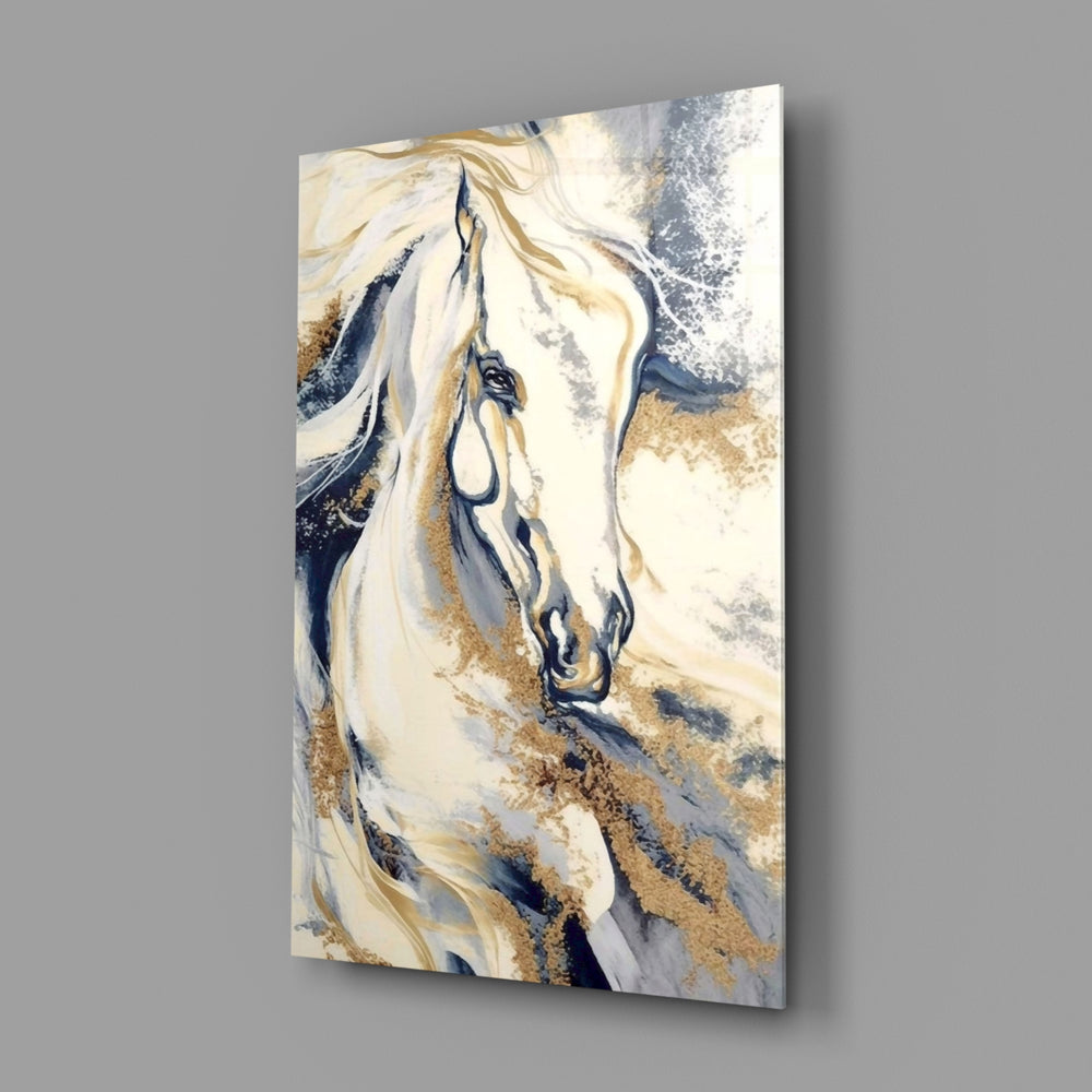 Baroque equine portrait cinematic glass wall art in glamorous bedroom