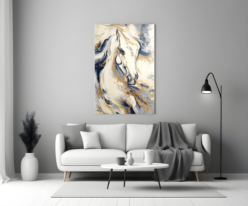 Cobalt-and-gold horse cinematic glass wall art over walnut console in designer office