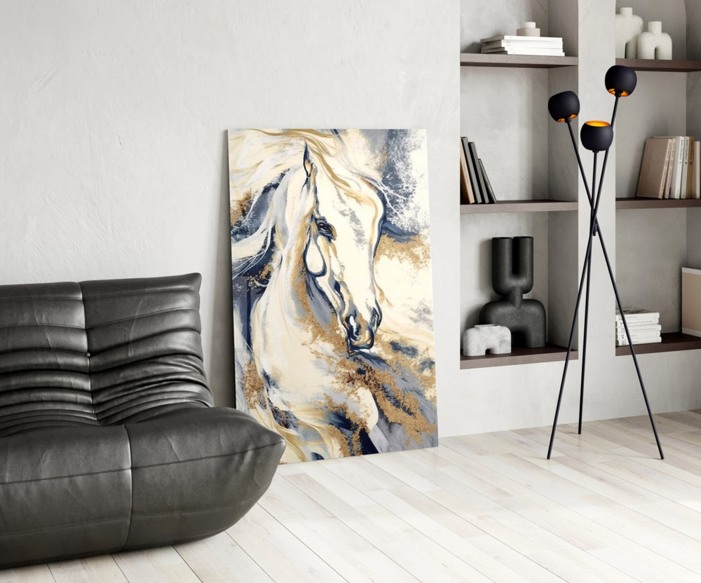Equine-luxury cinematic glass wall art over master-bedroom headboard