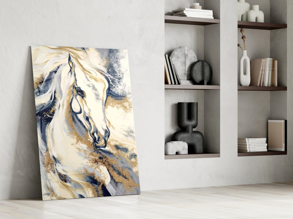Marble horse-portrait cinematic glass wall art in country-house library