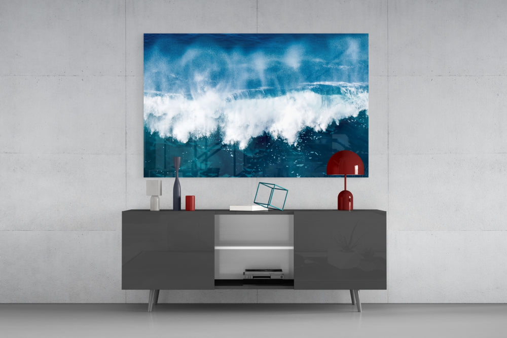 Documentary sea-wave cinematic glass wall art in resort suite living room