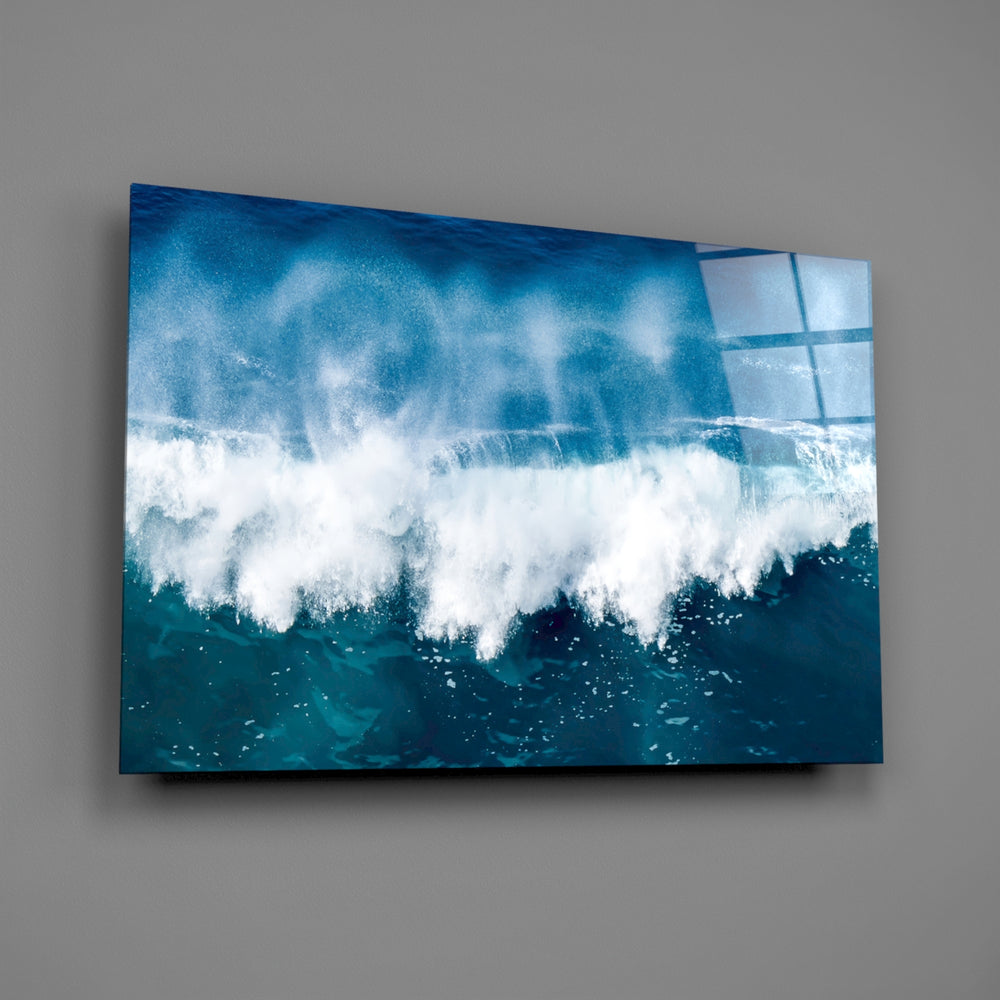 Marine wave-photography glass wall art over walnut console in maritime study