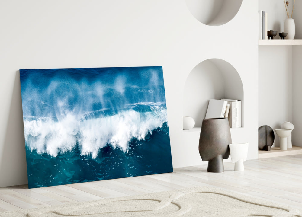 Crashing wave cinematic glass wall art in designer office