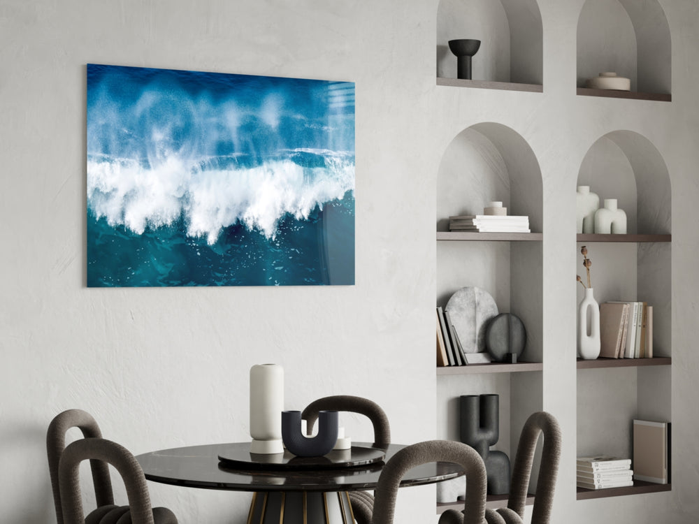 Sea-photography cinematic glass wall art over master-bedroom headboard