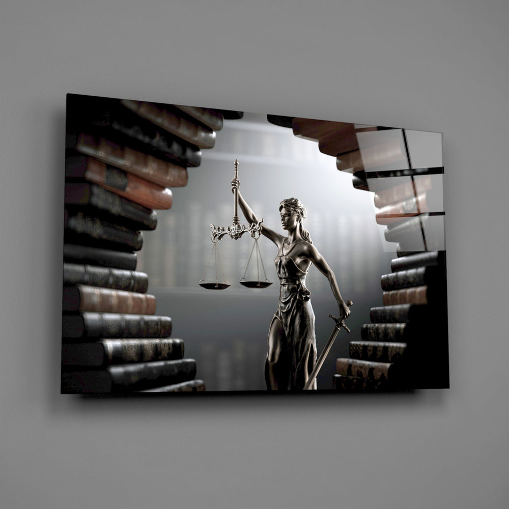Legal iconography statue glass wall art over walnut desk in barrister's study
