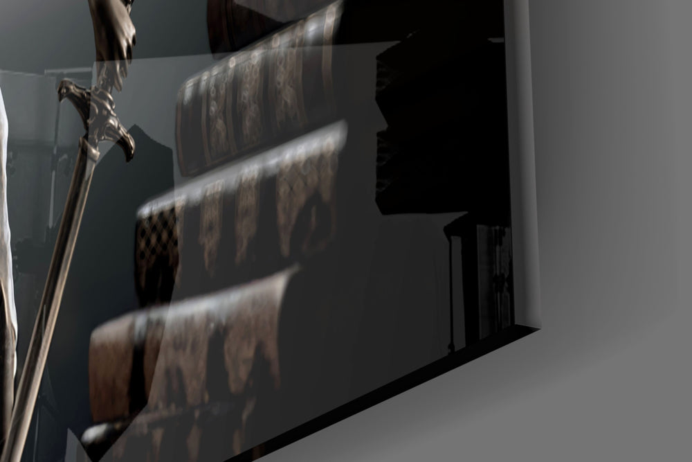 Lady-Justice cinematic glass wall art over walnut sideboard in dining room