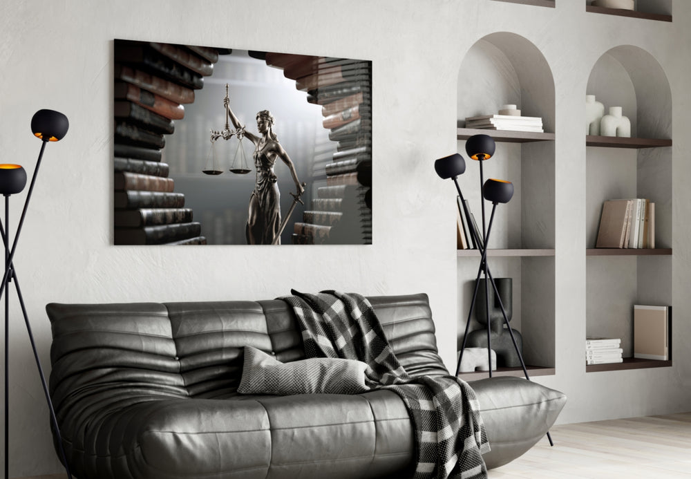 Bronze Justice cinematic glass wall art in designer-luxury entryway