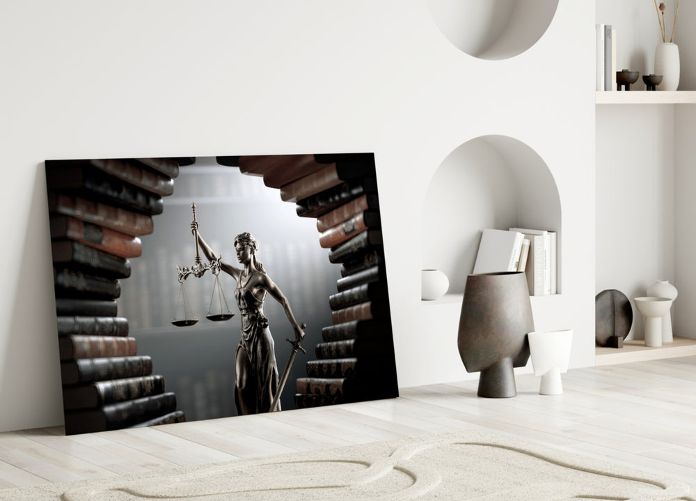 Justitia and law-books cinematic glass wall art in gentleman's library