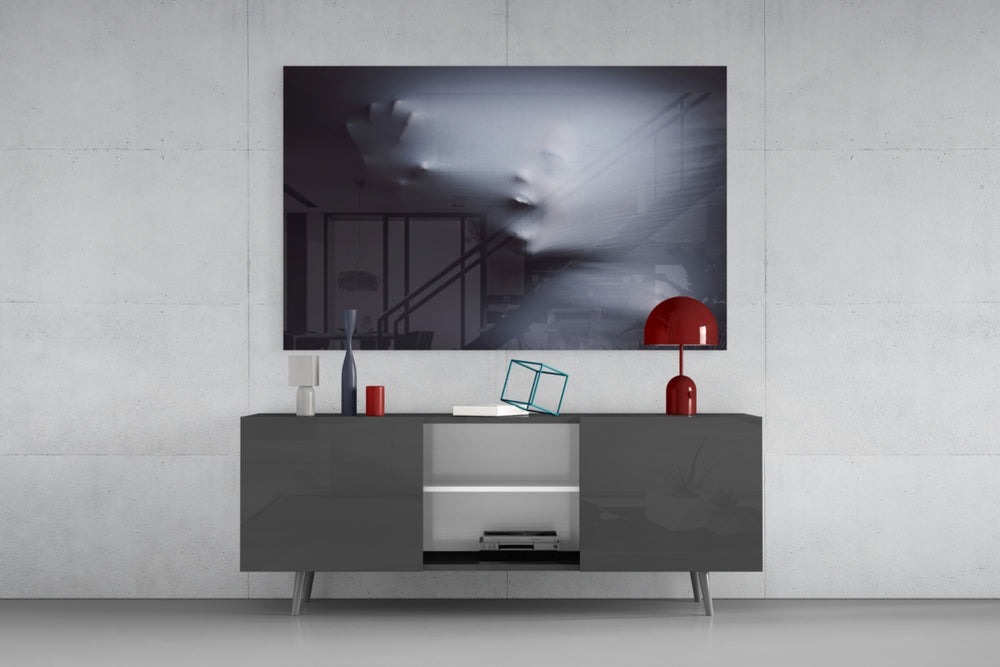 Cinematic veiled figure glass wall art in dramatic den