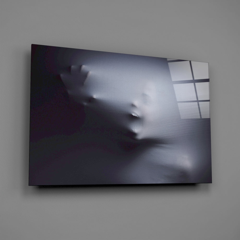 Cinema-still horror cinematic glass wall art over modern living-room sofa