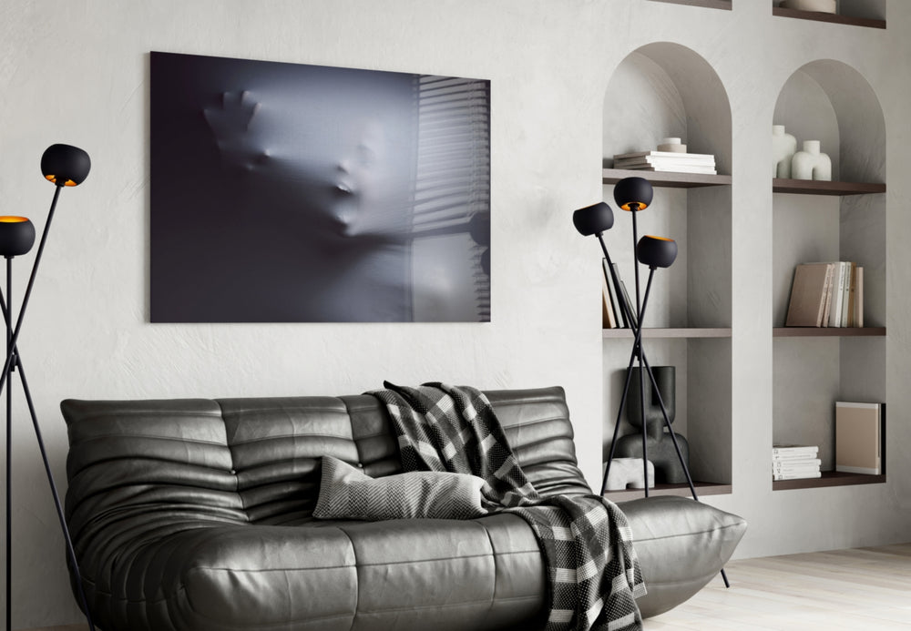 Performance-art ghost cinematic glass wall art in horror-fan's lounge