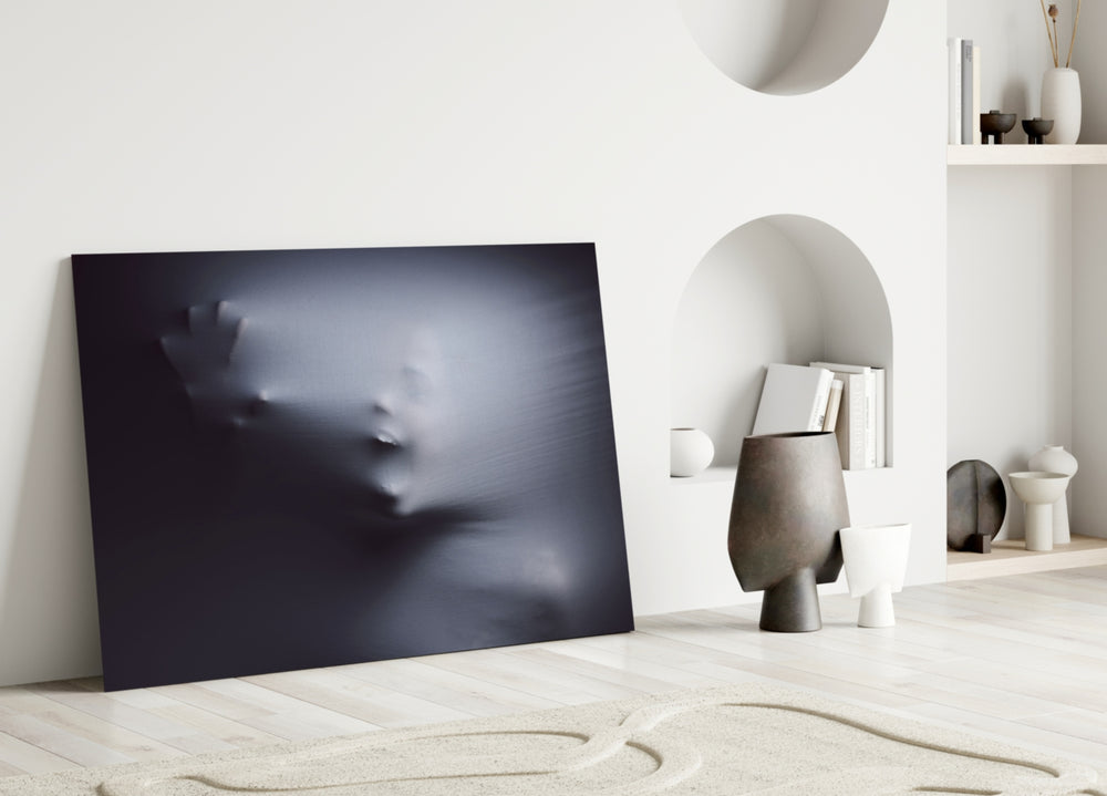 Atmospheric veiled-face cinematic glass wall art in designer cinema-room