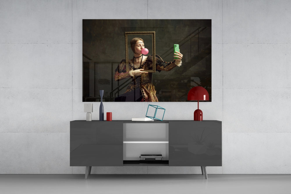 Witty Renaissance cinematic glass wall art in creative-studio reading nook