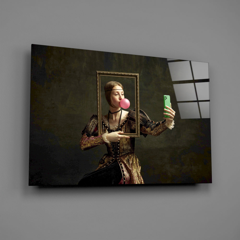 Pop-meme Renaissance cinematic glass wall art in teen lounge