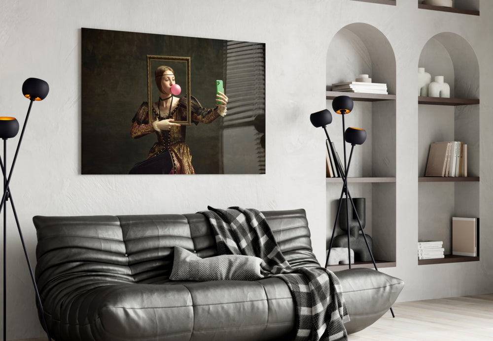 Pop-art selfie cinematic glass wall art in designer-luxury entryway