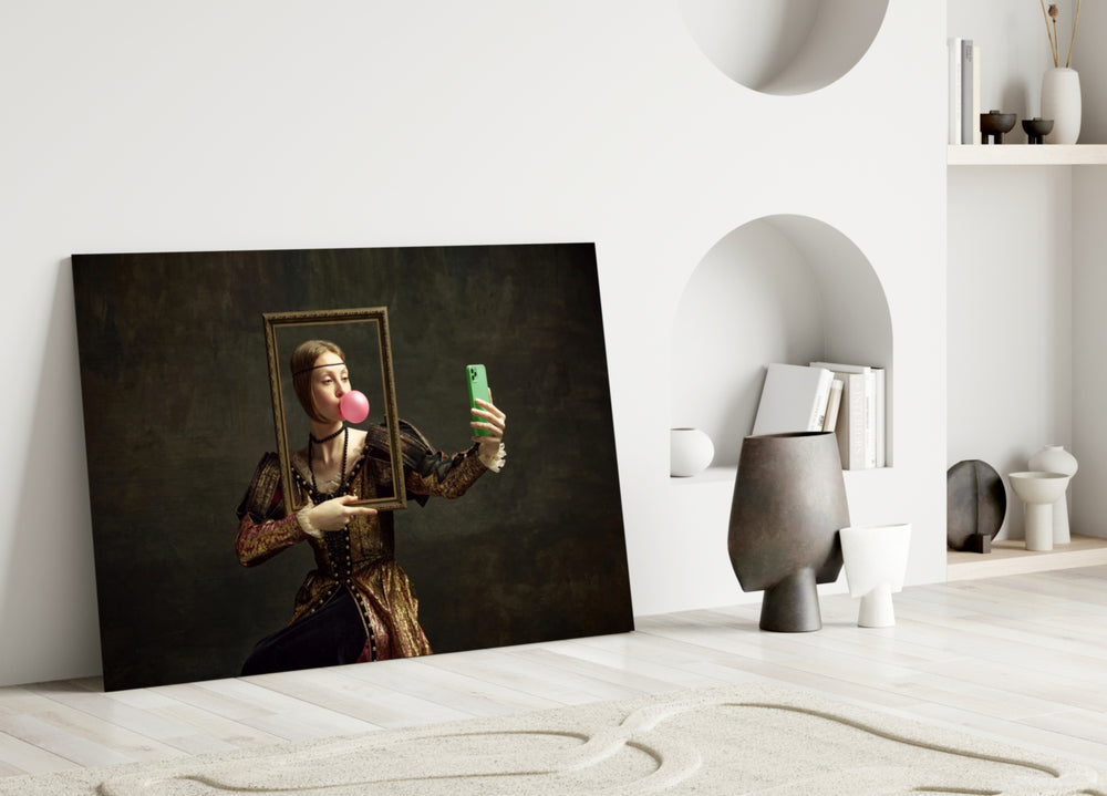 Anachronism noblewoman glass wall art in fashion-atelier reception