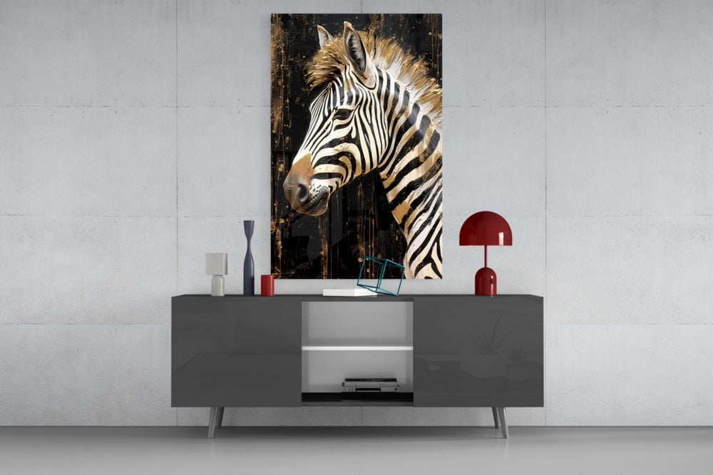 Gold-foil safari cinematic glass wall art in country-house library
