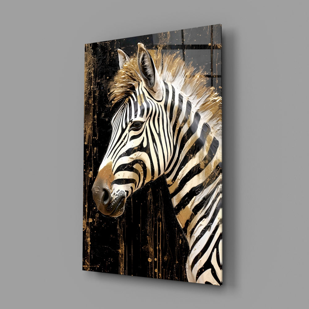 Luxury wildlife zebra cinematic glass wall art over walnut console in glamorous study