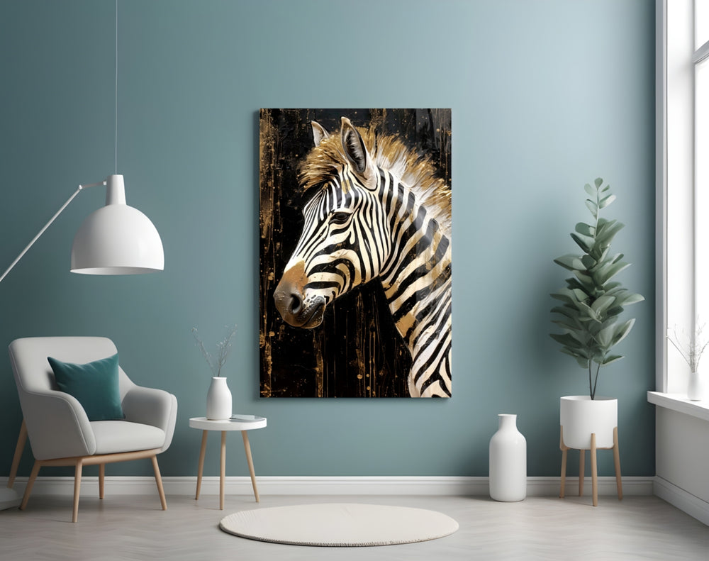 Charcoal-and-gold zebra cinematic glass wall art in heritage hallway