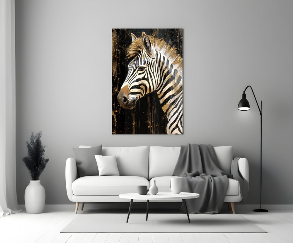 Safari-luxury zebra cinematic glass wall art in boutique-hotel lounge