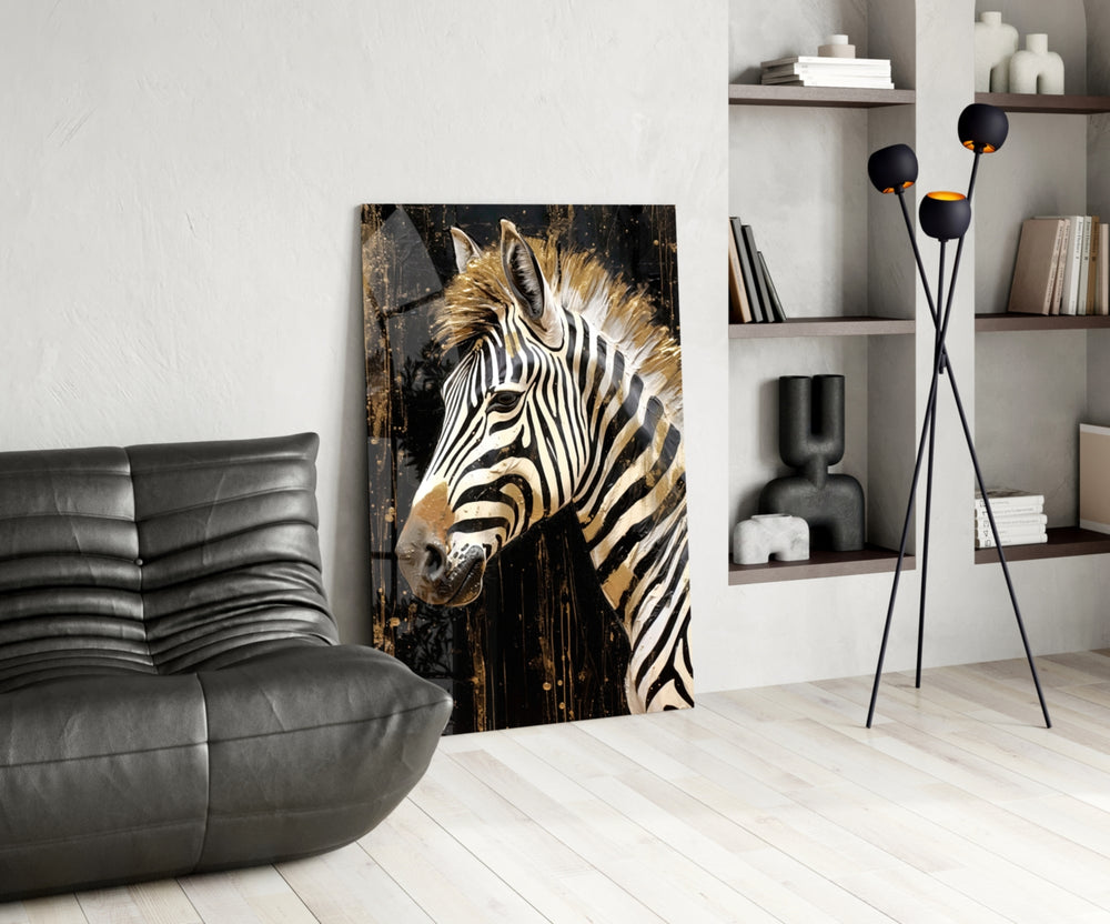 Gilded-mane zebra cinematic glass wall art over master-bedroom headboard