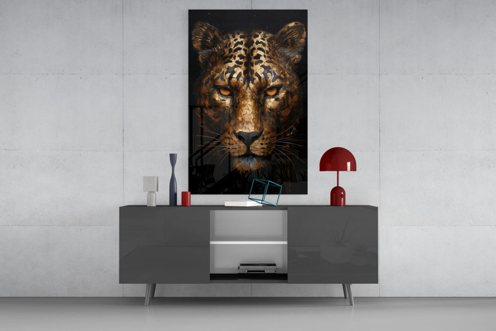 Luxury big-cat cinematic glass wall art in country-house library