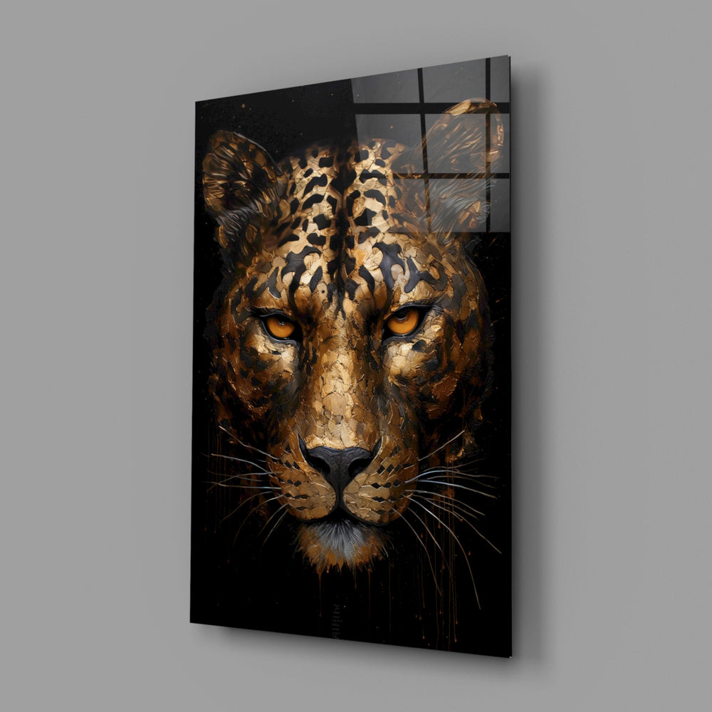 Luxury wildlife leopard glass wall art in designer-luxury entryway