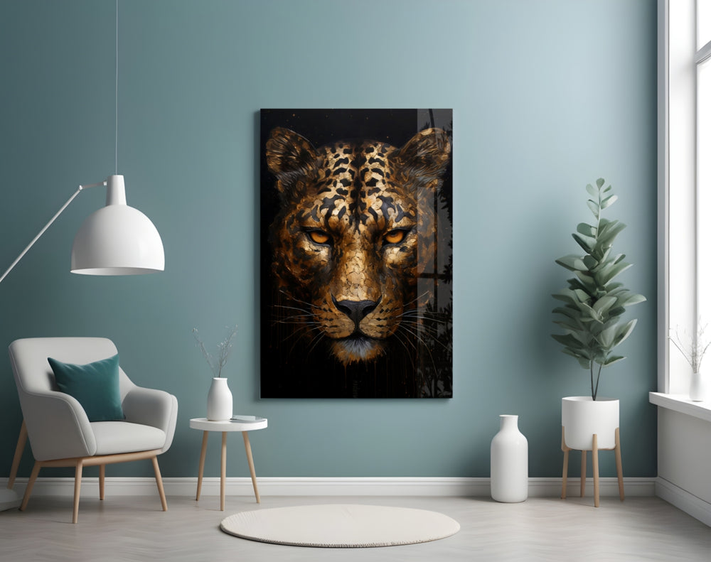 Gold-leaf big-cat cinematic glass wall art in glamorous lounge