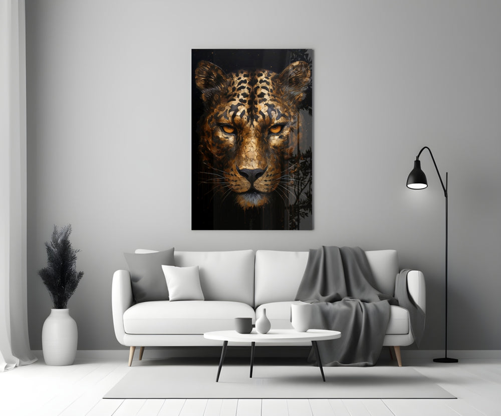 Sculpture-poster leopard cinematic glass wall art in boutique-hotel suite