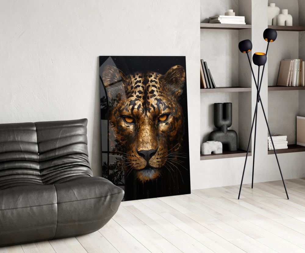 Amber-eye leopard cinematic glass wall art over master-bedroom headboard