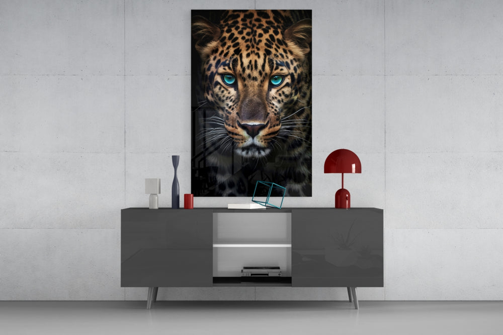 Fine-art leopard cinematic glass wall art beside modern bar console