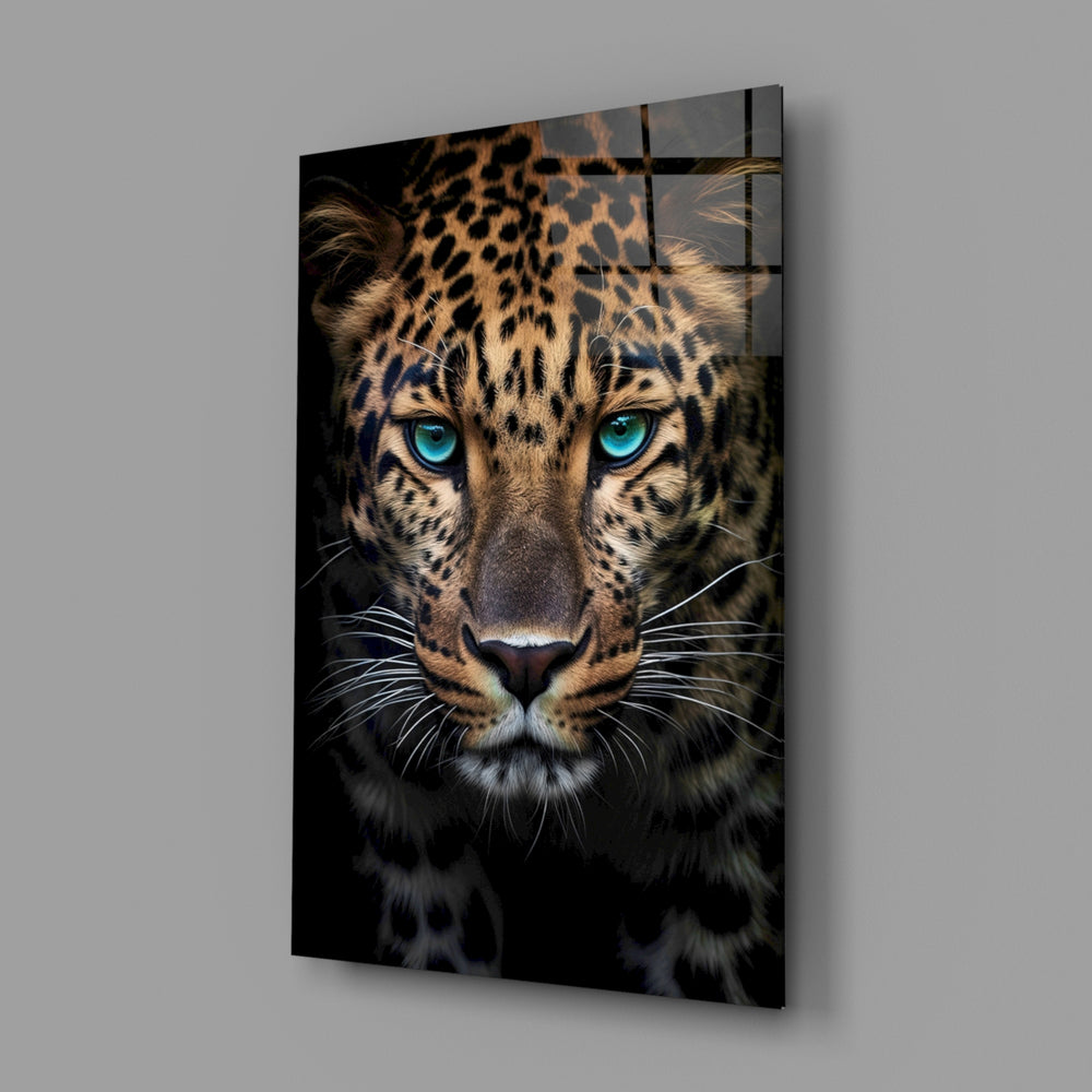 Photoreal big-cat cinematic glass wall art in designer-luxury entryway