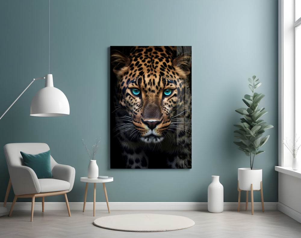 Turquoise-eyed leopard cinematic glass wall art over master-bedroom headboard
