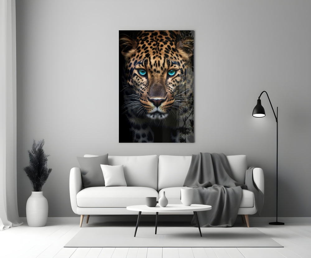 Wildlife leopard cinematic glass wall art in boutique-hotel lounge