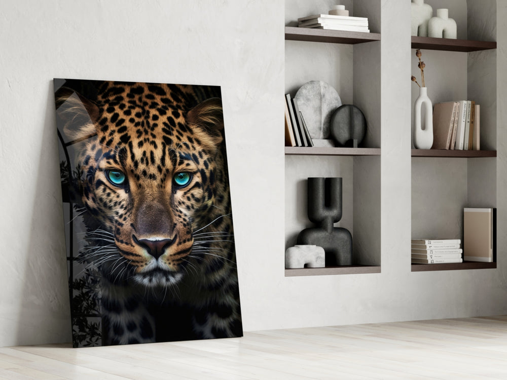 Photoreal leopard cinematic glass wall art over walnut sideboard in dining room