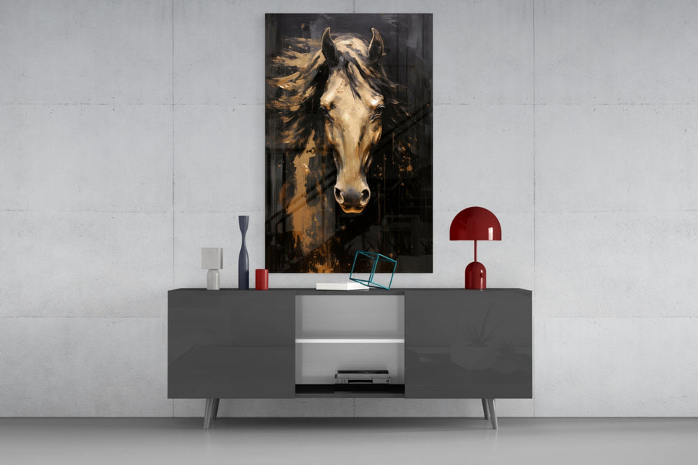Luxury equine cinematic glass wall art in fashion-atelier reception