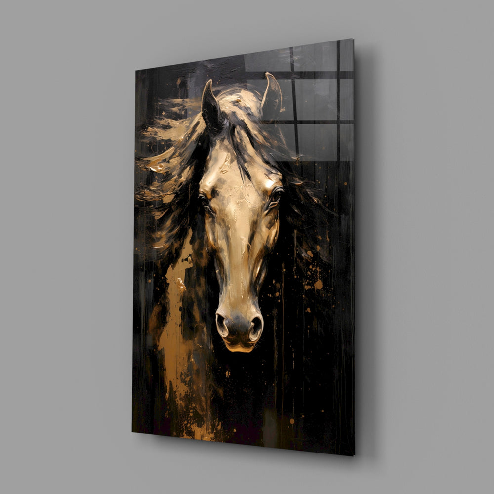 Luxury equine portrait cinematic glass wall art in glamorous bedroom
