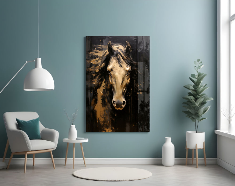 Painterly stallion cinematic glass wall art in boutique-hotel lounge