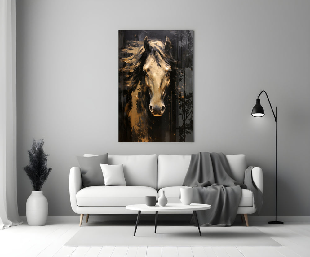 Gold-and-charcoal horse cinematic glass wall art over walnut console in designer entryway