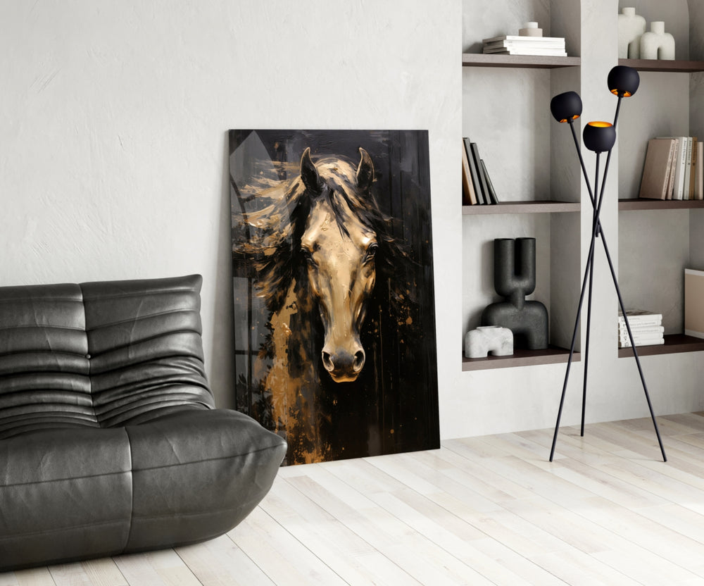 Equine-luxury cinematic glass wall art over master-bedroom headboard