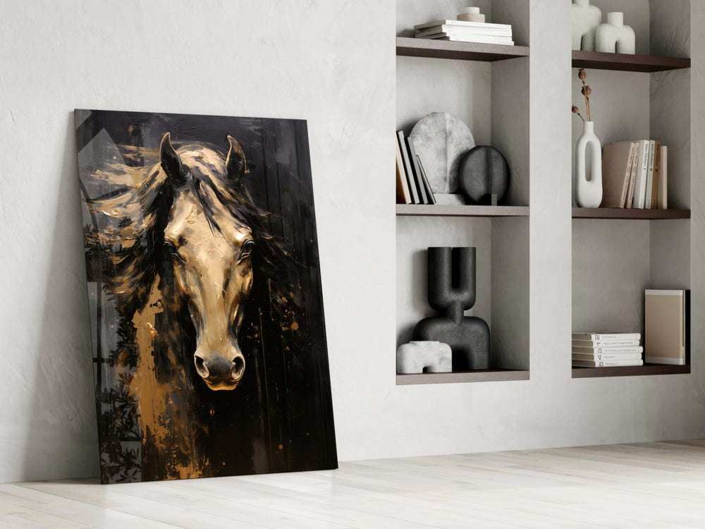 Sculpted gold-horse cinematic glass wall art in country-house library