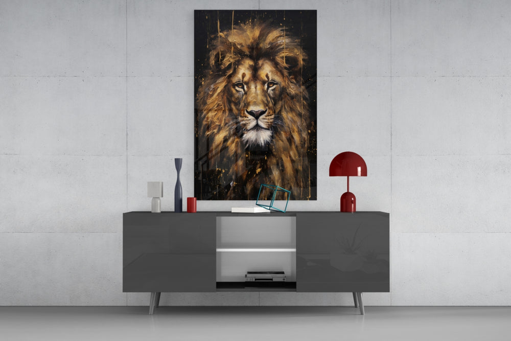 Luxury wildlife cinematic glass wall art beside modern bar console